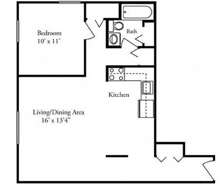 Floor plan for 1 bed, 1 bath, 600 sqft